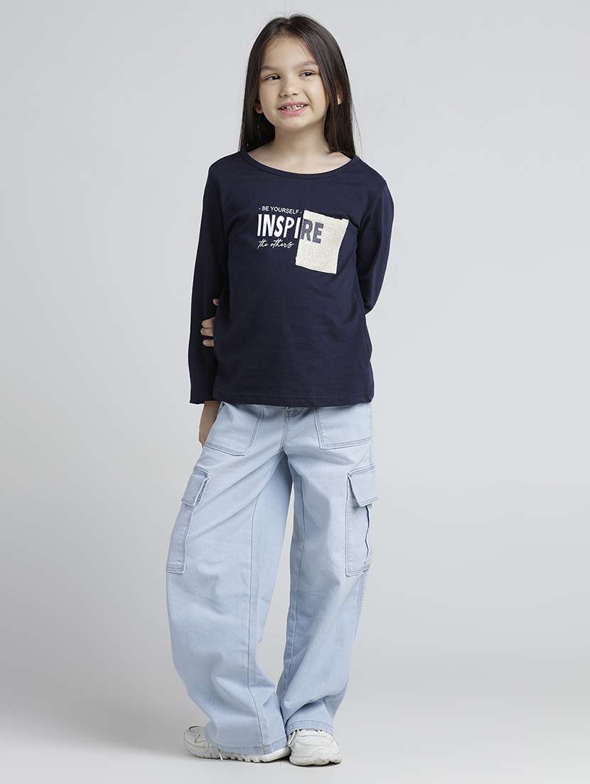 girls solid mid rise light blue denim cargo - 22106356 -  Standard Image - 3