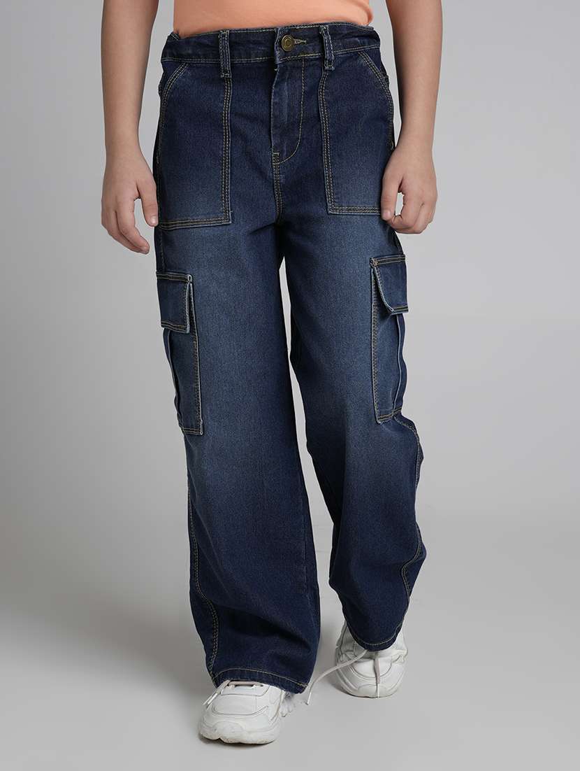 girls solid mid rise blue denim cargo