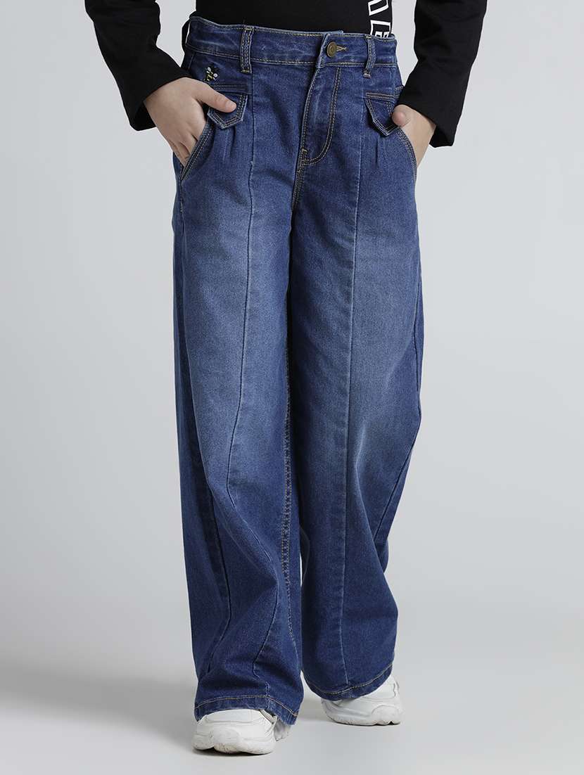 girls solid high rise baggy jean