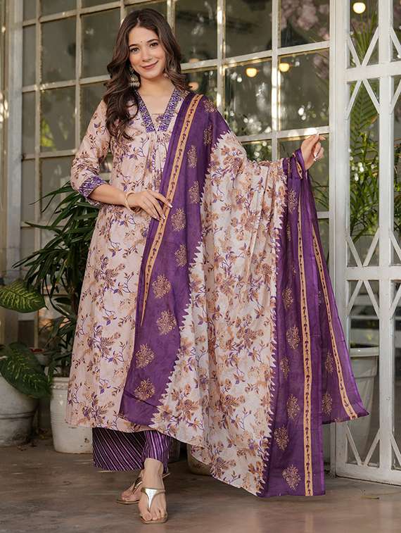 women floral printed three quarter sleeve kurta pant with dupatta set