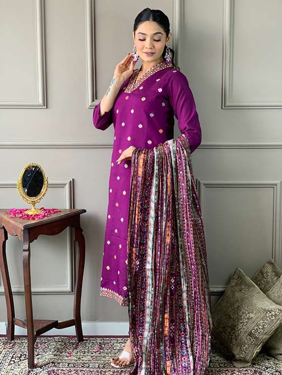 women embroidered three quarter sleeve kurta pant with dupatta set - 22106380 -  Standard Image - 5