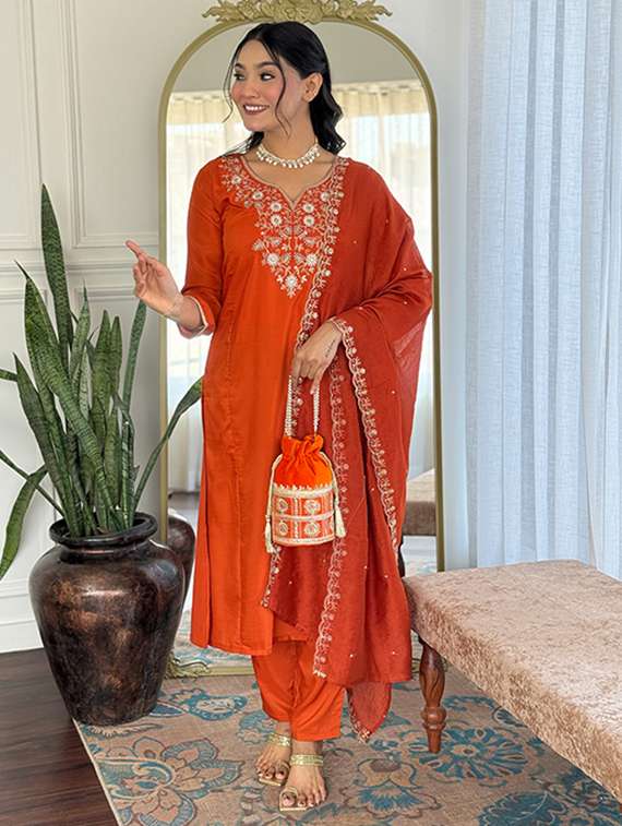 women embroidered three quarter sleeve kurta pant with dupatta set - 22106381 -  Zoom Image - 0