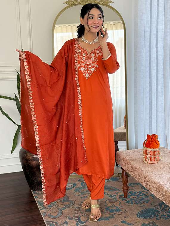 women embroidered three quarter sleeve kurta pant with dupatta set - 22106381 - Standard Image - 3