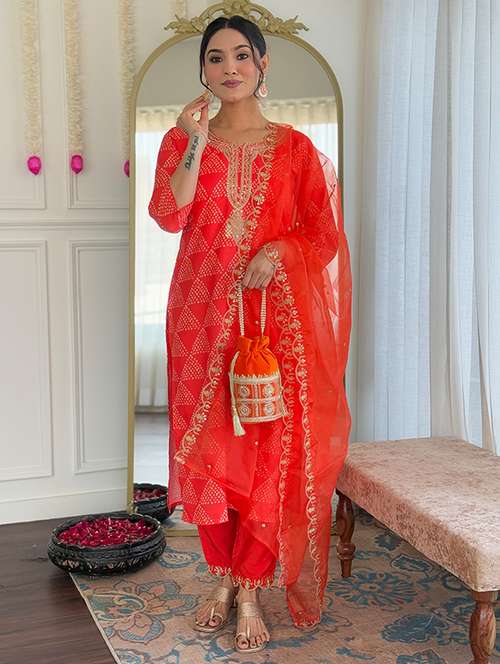 women embroidered three quarter sleeve kurta pant with dupatta set - 22106382 - Standard Image - 0