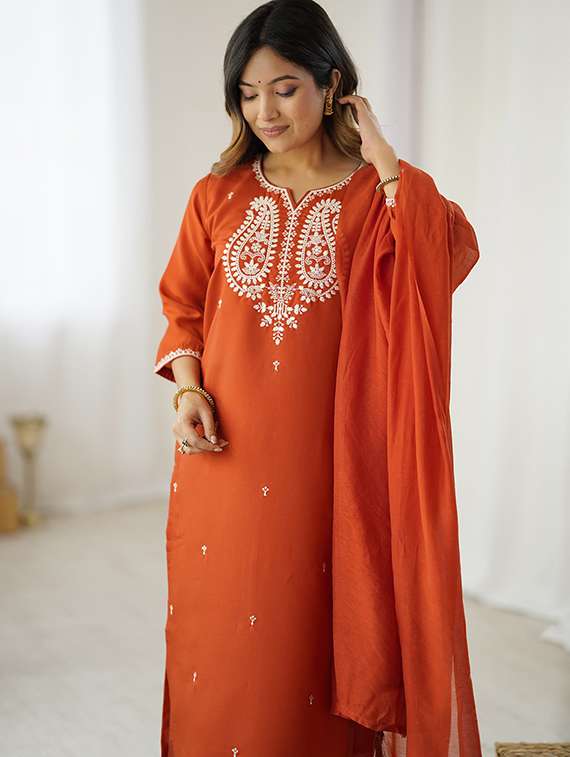 women embroidered three quarter sleeve kurta pant with dupatta set - 22106383 -  Standard Image - 3