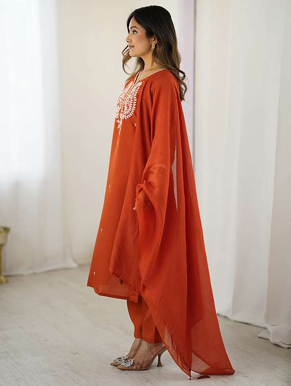 women embroidered three quarter sleeve kurta pant with dupatta set - 22106383 -  Standard Image - 5