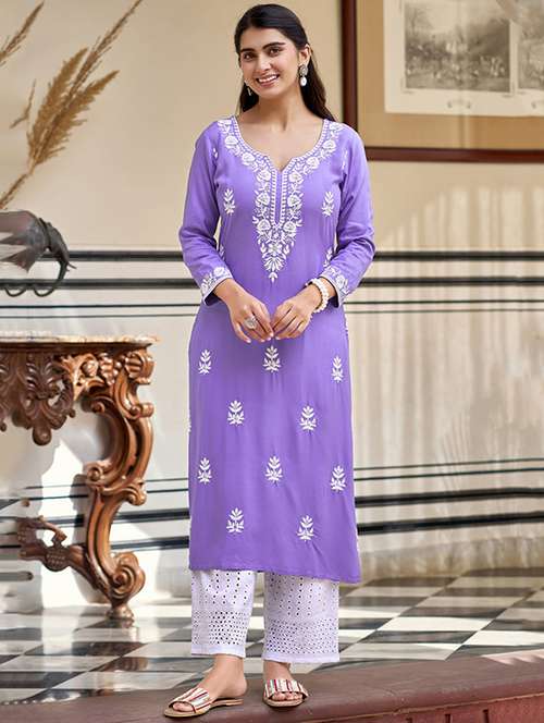 women three quarter sleeve straight chikankari  kurta - 22106384 -  Standard Image - 0