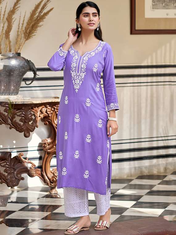women three quarter sleeve straight chikankari  kurta - 22106384 -  Standard Image - 3