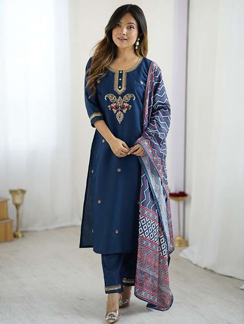 women embroidered three quarter sleeve kurta pant with dupatta set - 22106385 -  Standard Image - 0