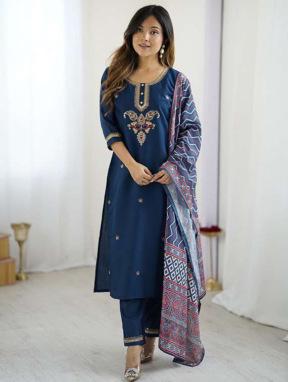 women embroidered three quarter sleeve kurta pant with dupatta set - 22106385 -  Zoom Image - 0