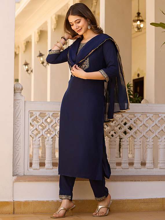 women embroidered three quarter sleeve kurta pant with dupatta set - 22106387 -  Standard Image - 3