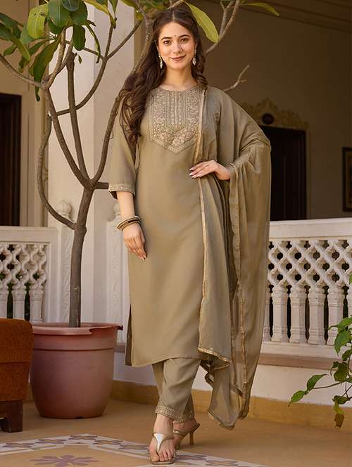 women embroidered three quarter sleeve kurta pant with dupatta set - 22106388 -  Standard Image - 0