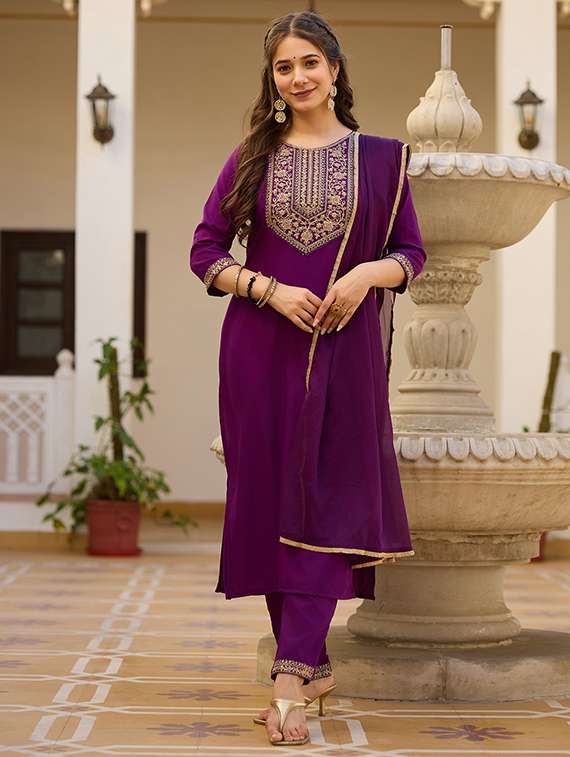 women embroidered three quarter sleeve kurta pant with dupatta set - 22106389 -  Zoom Image - 0