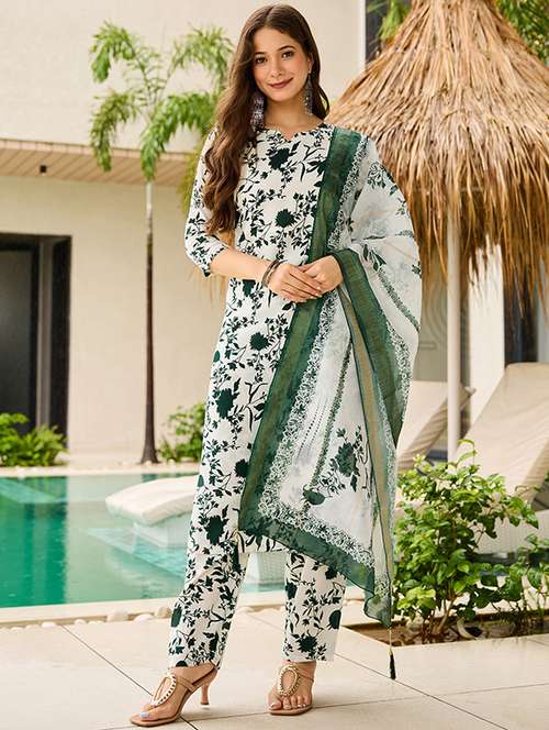 women floral three quarter sleeve kurta pant with dupatta set - 22106391 -  Standard Image - 0