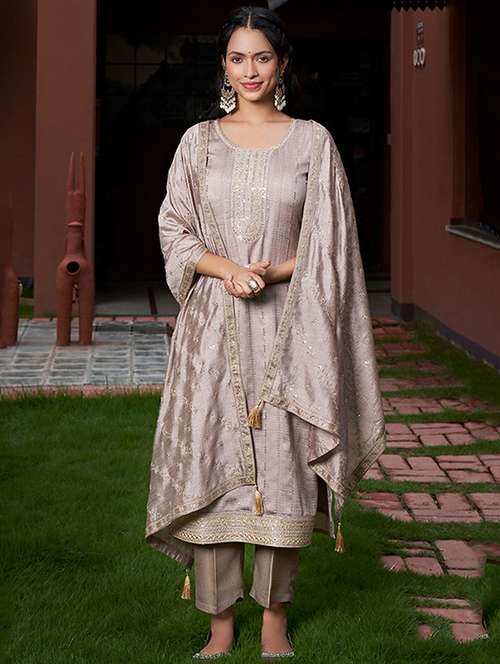 women embroidered three quarter sleeve kurta pant with dupatta set - 22106396 -  Standard Image - 0