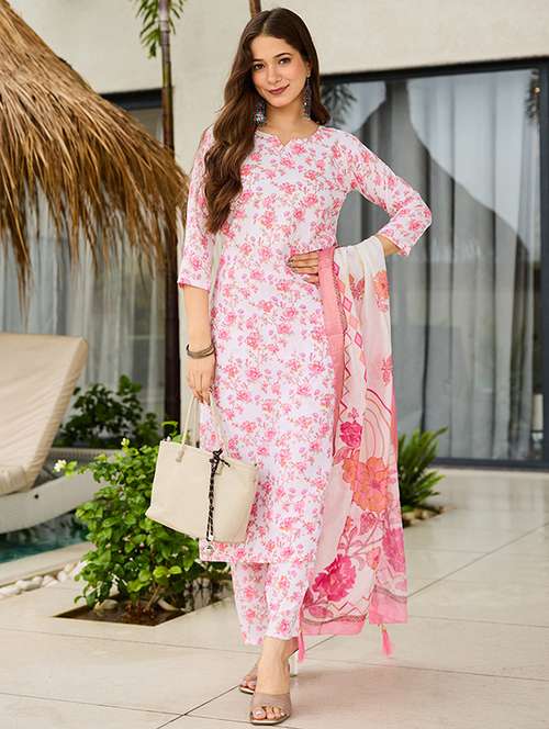 women floral three quarter sleeve kurta pant with dupatta set - 22106398 -  Standard Image - 0