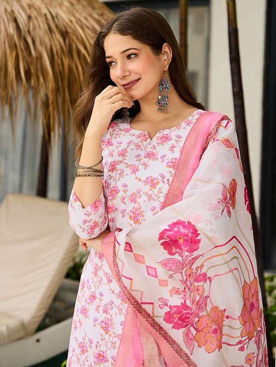 women floral three quarter sleeve kurta pant with dupatta set - 22106398 - Standard Image - 5