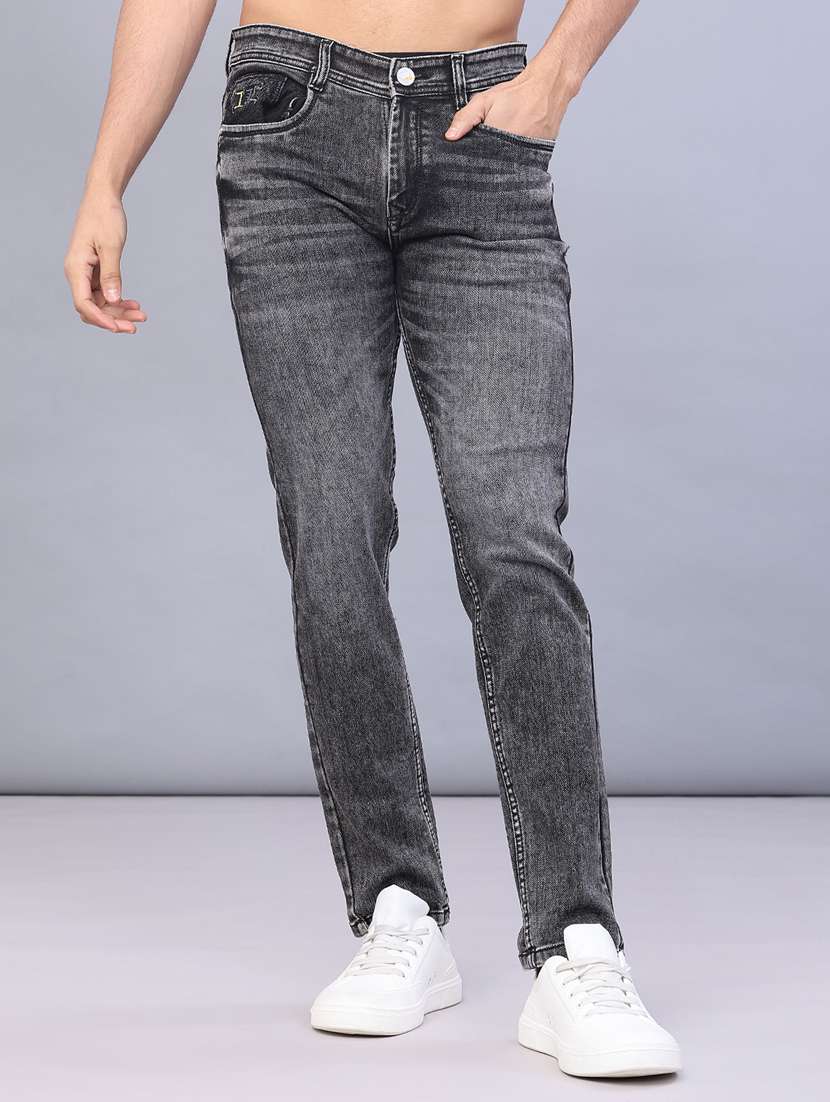 men washed mid rise full length jeans