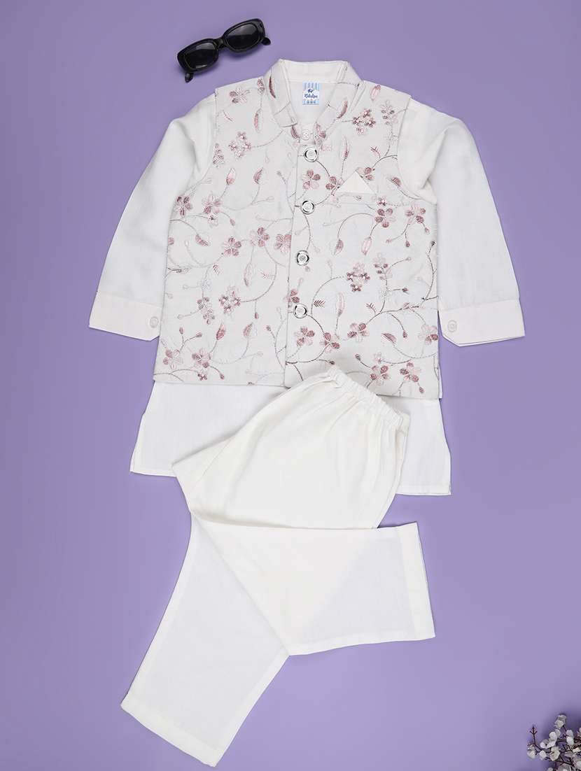 boys embroidered kurta and pyjama set with jacket