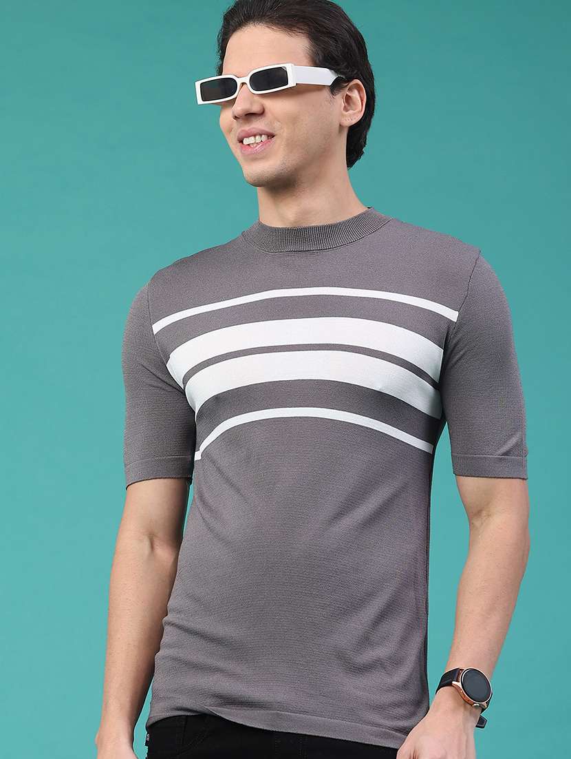men striped round neck regular fit pullover