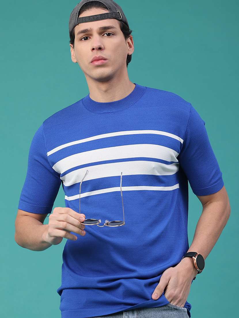 men striped round neck regular fit pullover