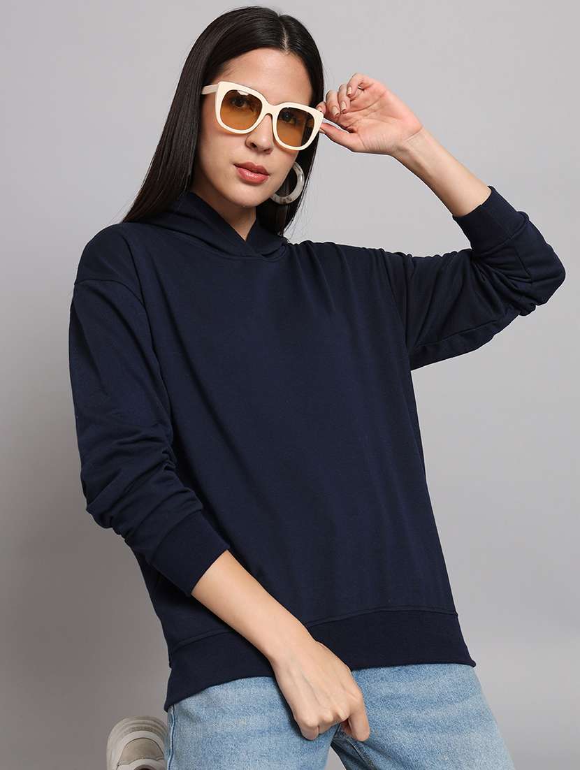 women solid long sleeve hooded sweatshirt