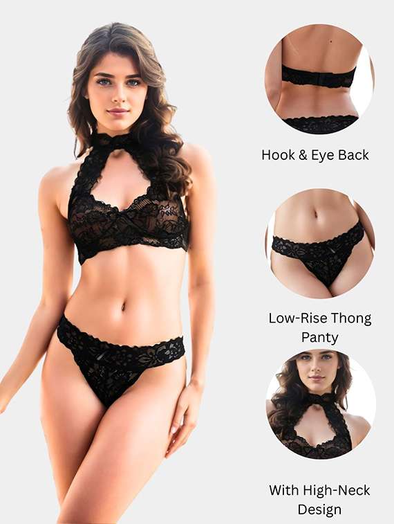 women solid laec bralette and panty set - 22107587 -  Standard Image - 3