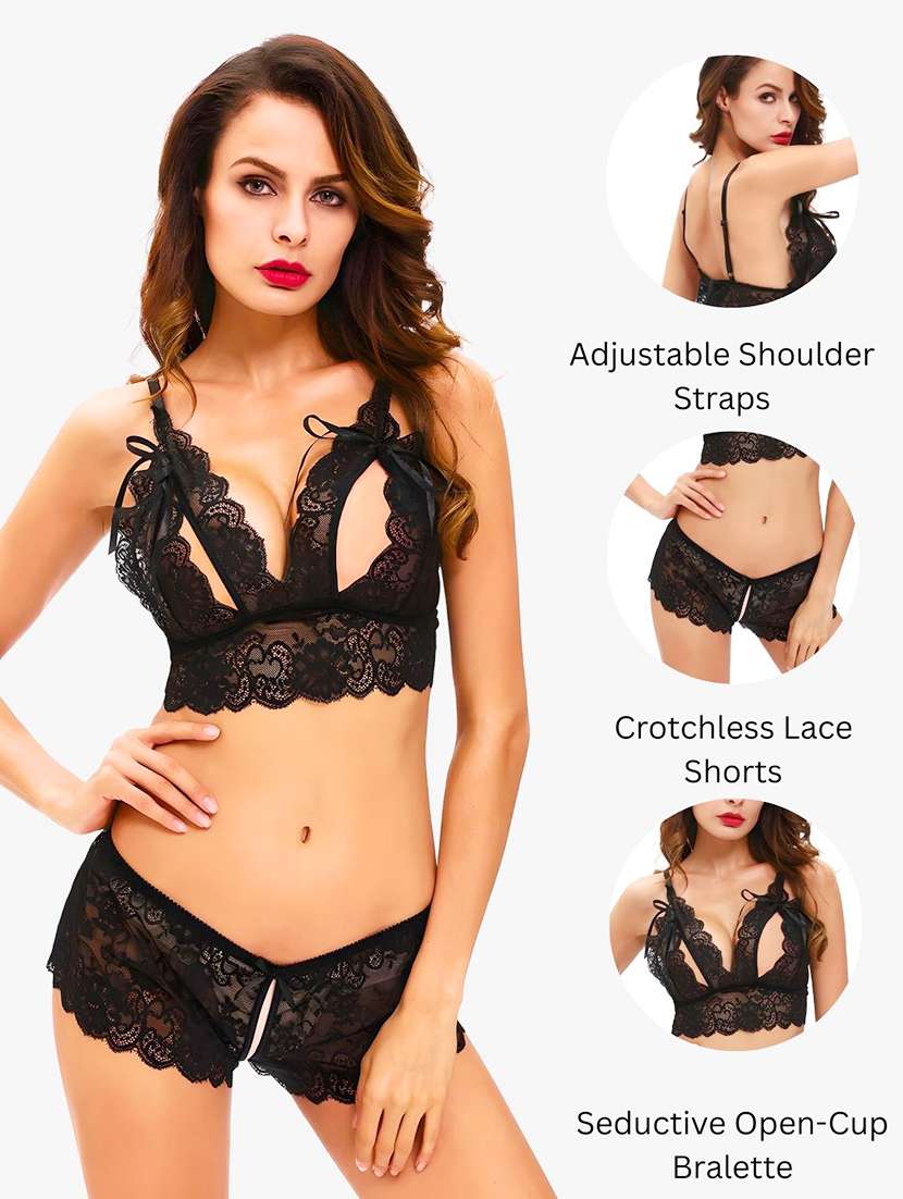 women solid lace bralette and boy shorts set - 22107589 -  Standard Image - 3