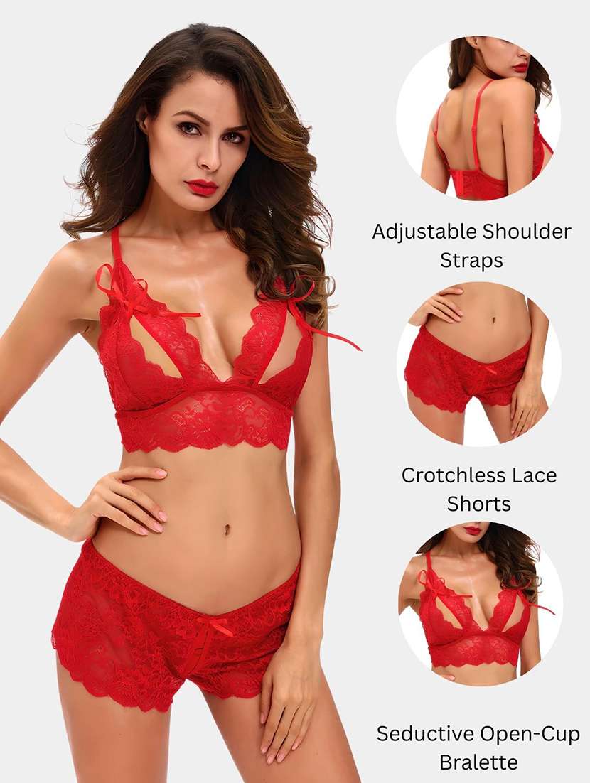 women solid laec bralette and boy shorts set - 22107590 -  Standard Image - 3