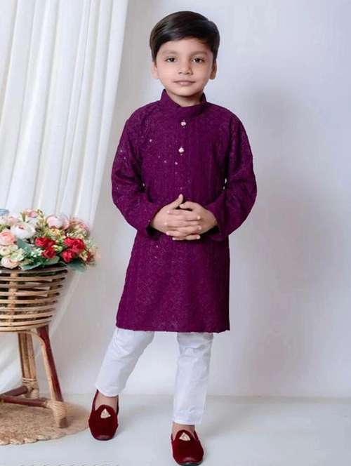boys embroidered long sleeve kurta & pyjama set - 22107621 -  Standard Image - 0