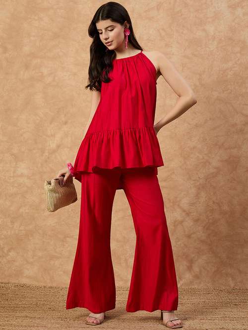 women solid halter neck top & trouser co-ord set - 22107695 -  Standard Image - 0