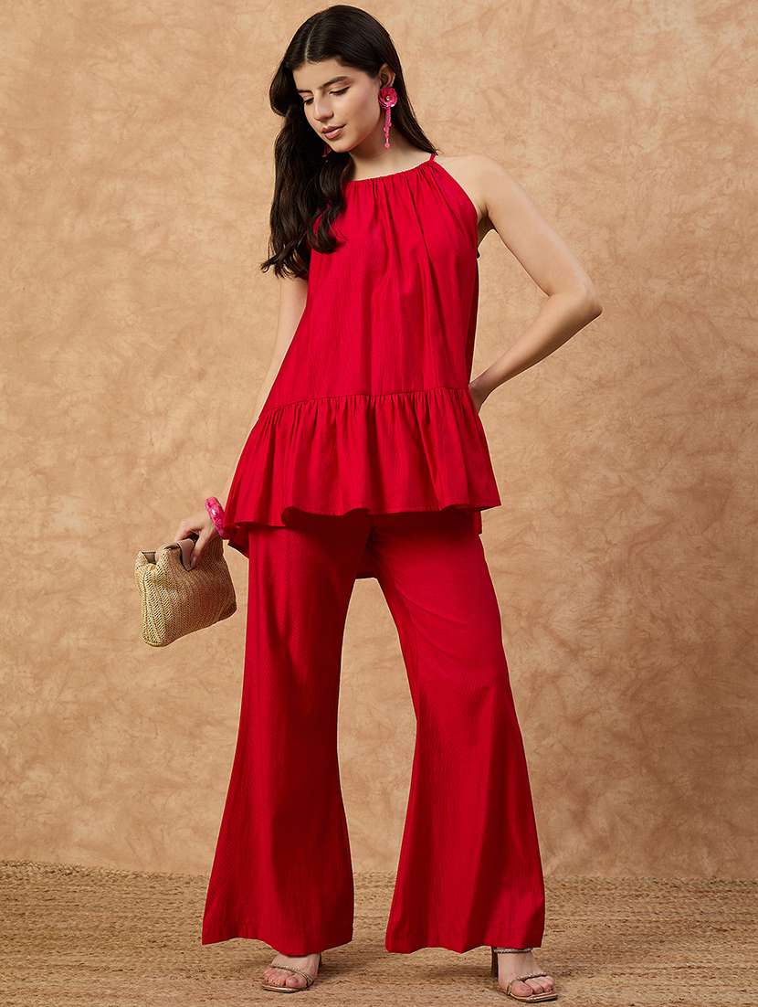 women solid halter neck top & trouser co-ord set