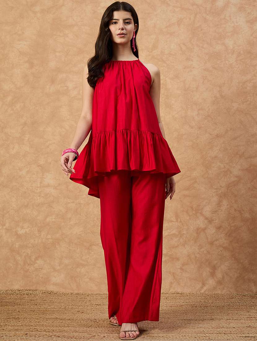 women solid halter neck top & trouser co-ord set - 22107695 - Standard Image - 3