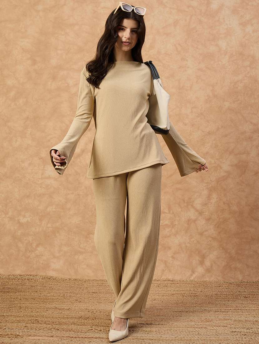 women solid round neck top & trouser co-ord set - 22107696 - Zoom Image - 0