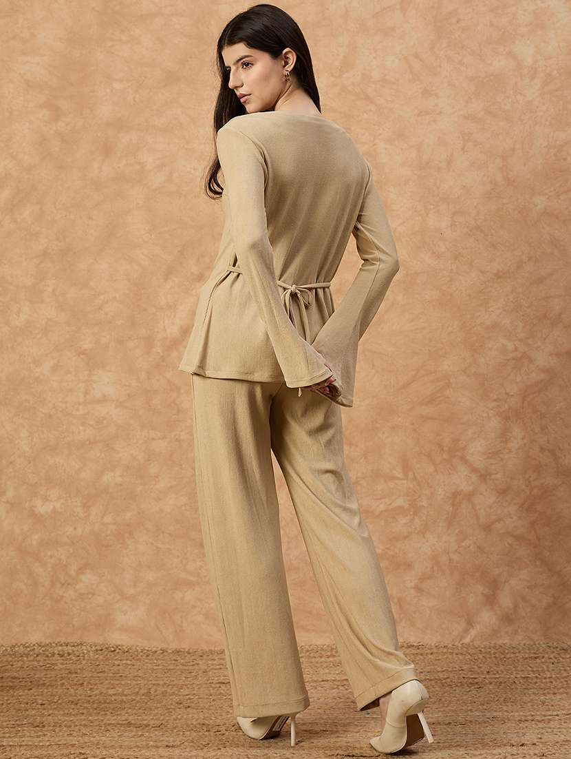 women solid round neck top & trouser co-ord set - 22107696 - Standard Image - 3