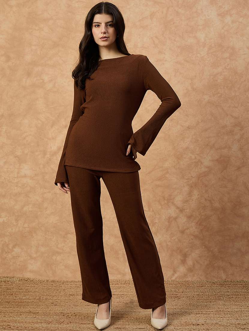 women solid round neck top & trouser co-ord set