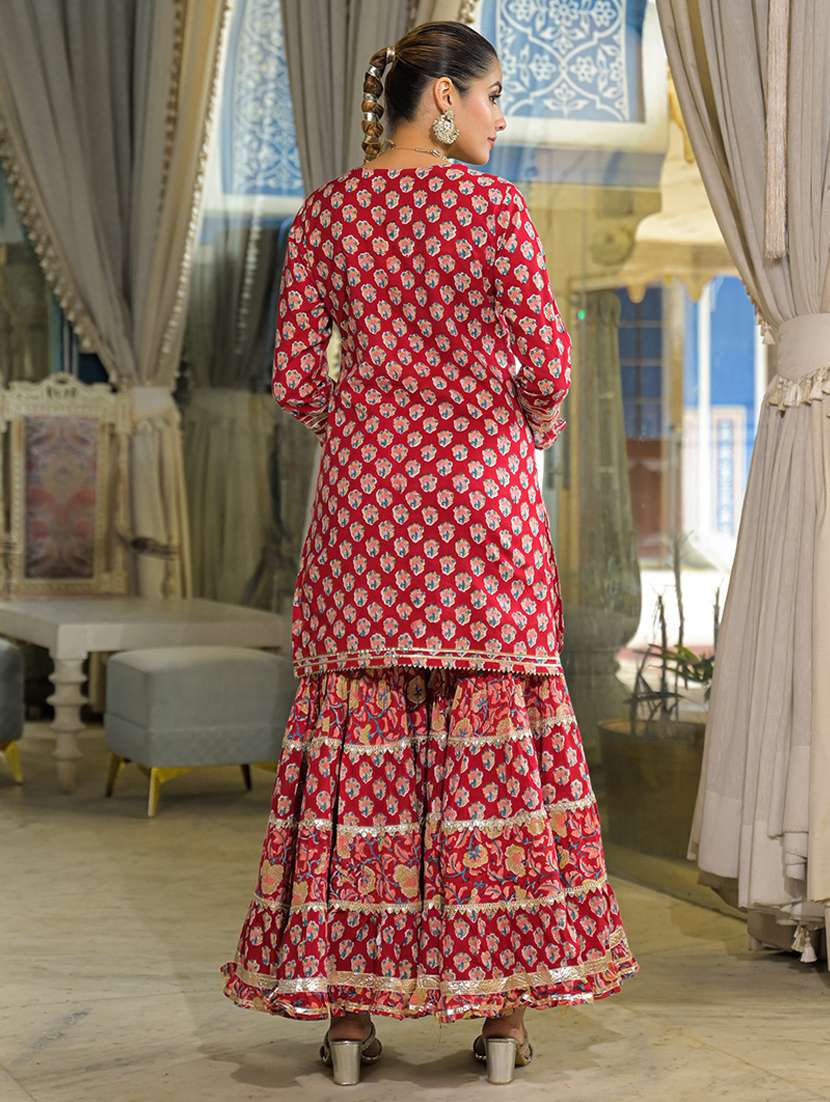women floral three quarter sleeve kurta sharara with dupatta set - 22107723 -  Standard Image - 3
