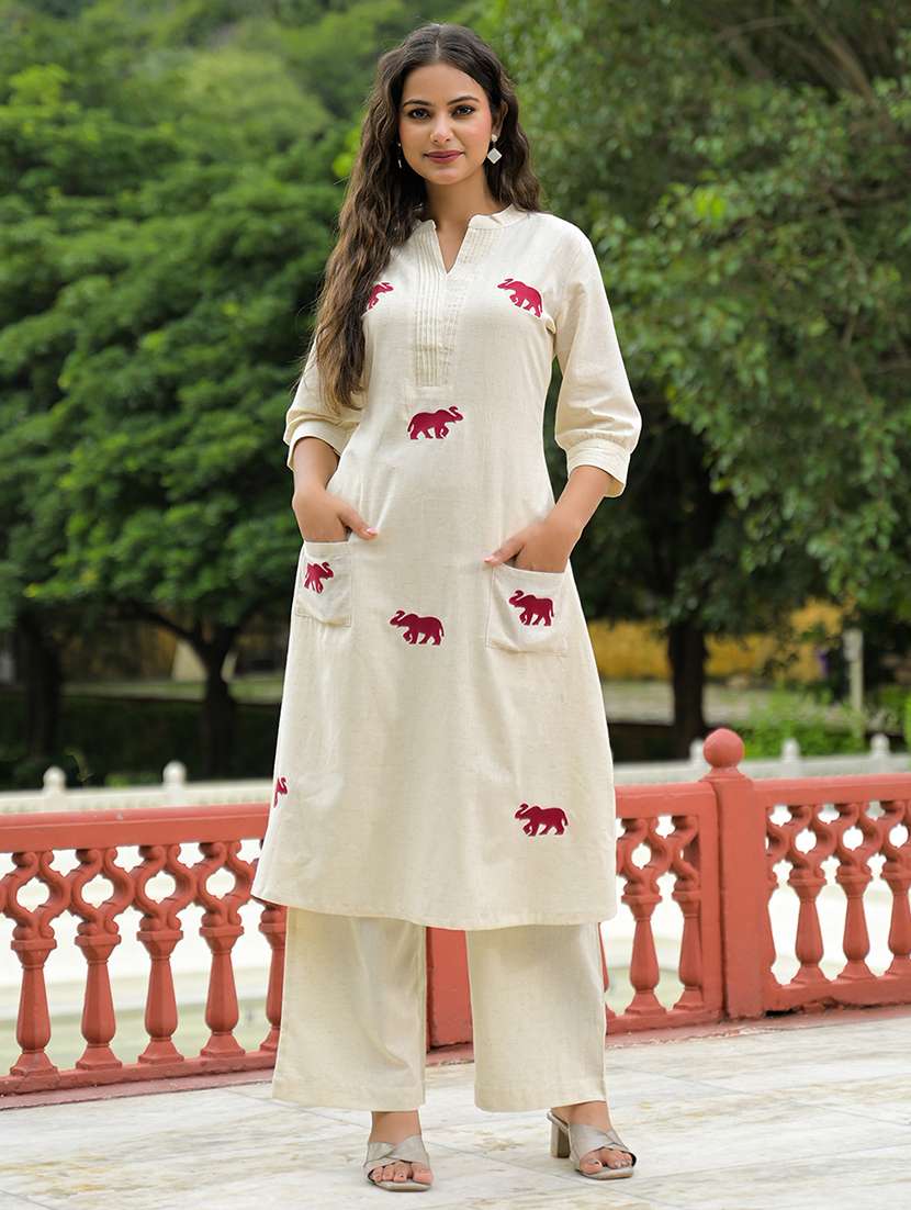 women embroidered three quarter sleeve kurta pant set