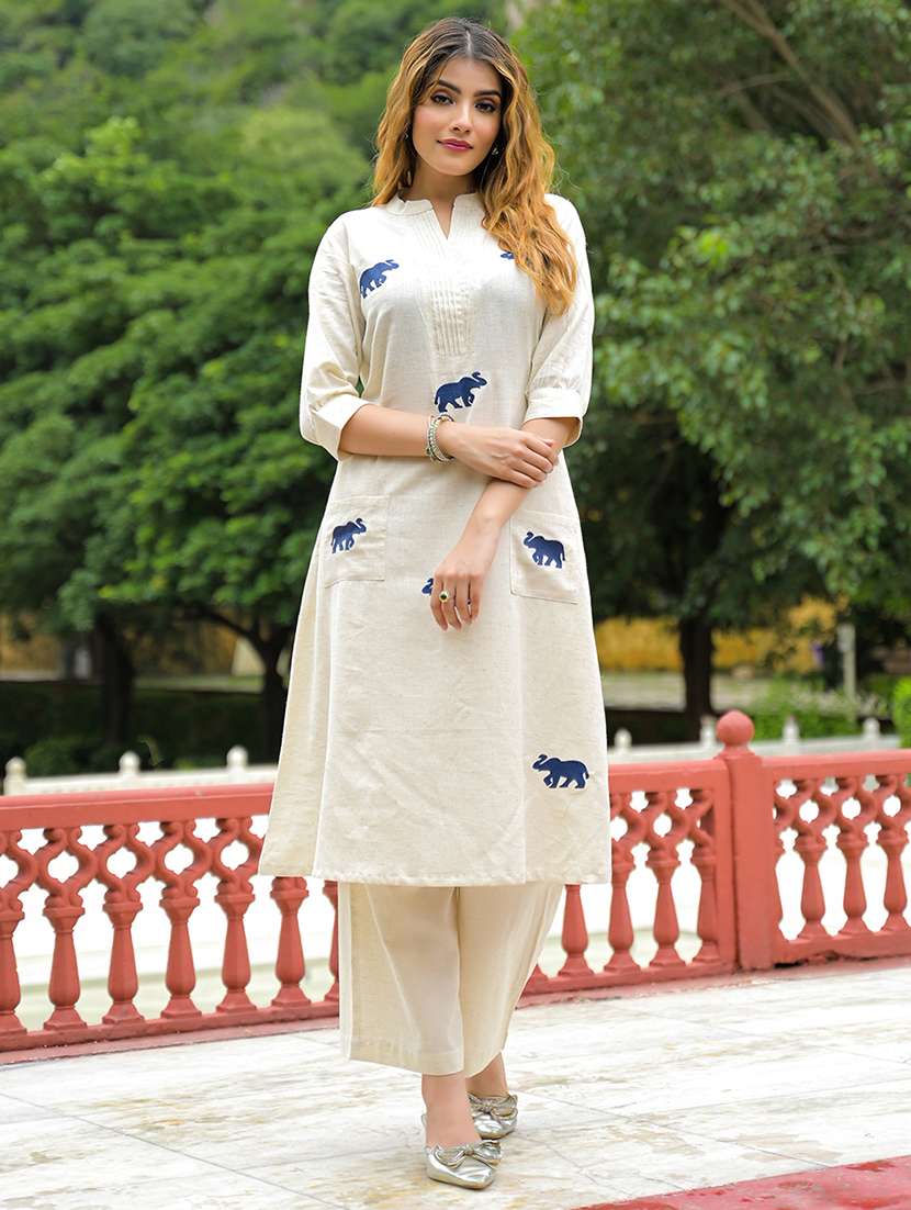 women embroidered three quarter sleeve kurta pant set