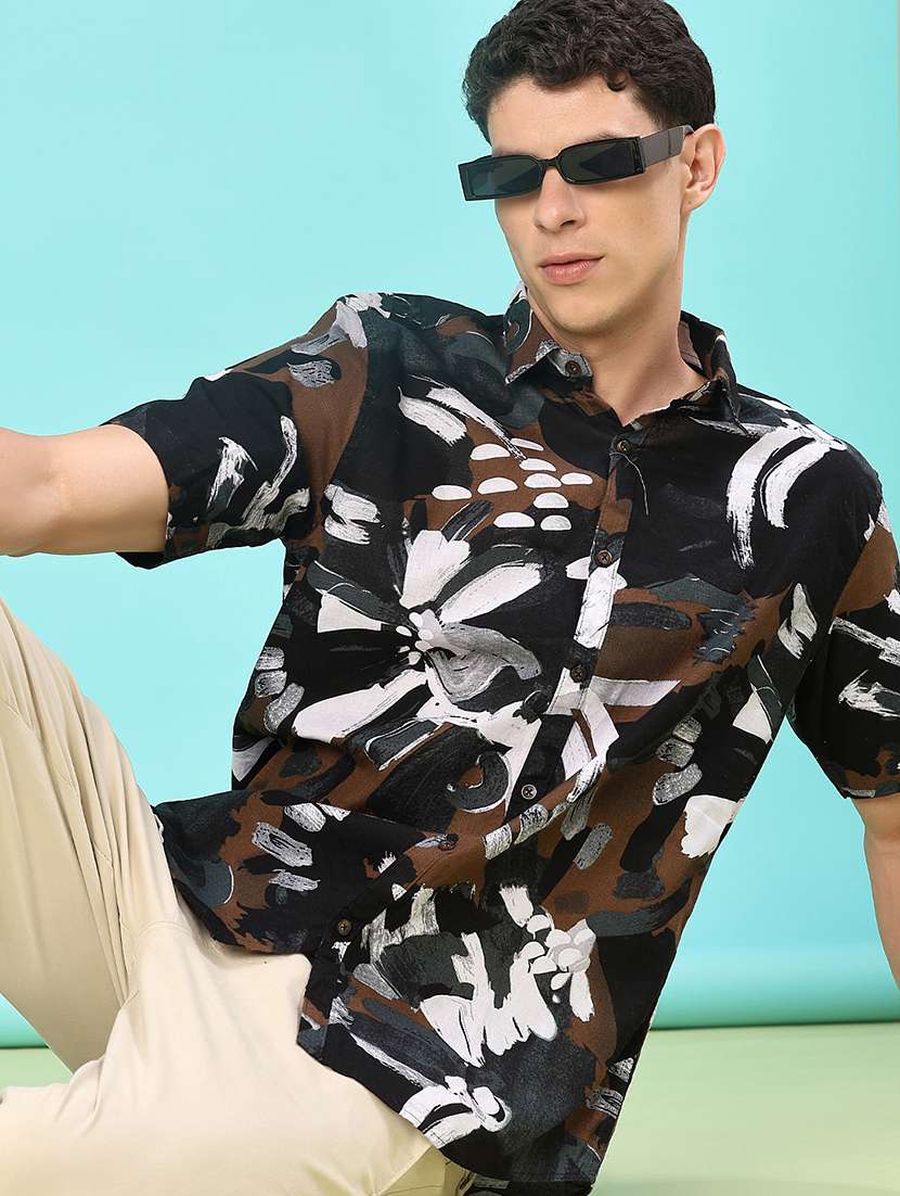 men printed short sleeve loose fit casual shirt