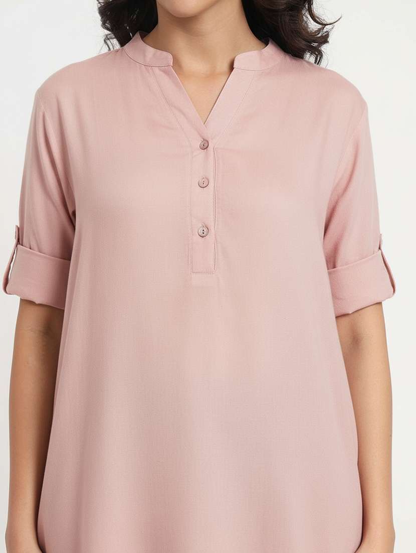 women solid mandarin neck tunic - 22108055 -  Standard Image - 3