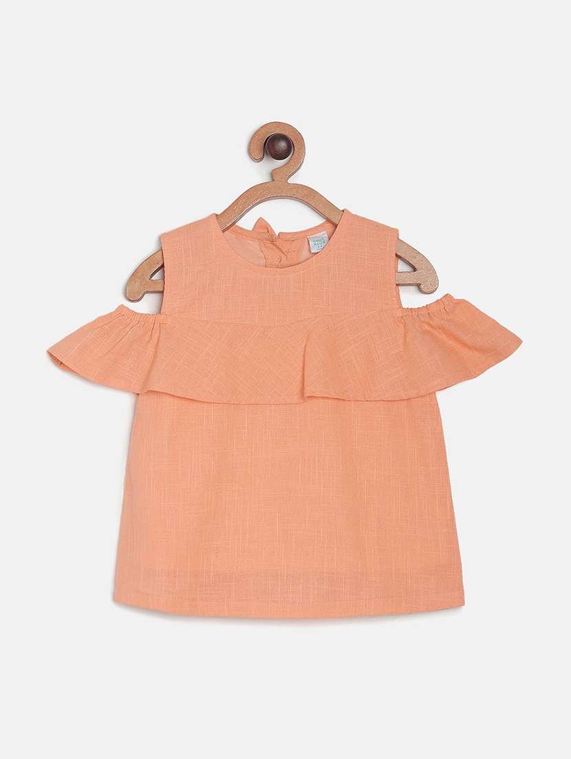 girls solid cold shoulder ruffled top