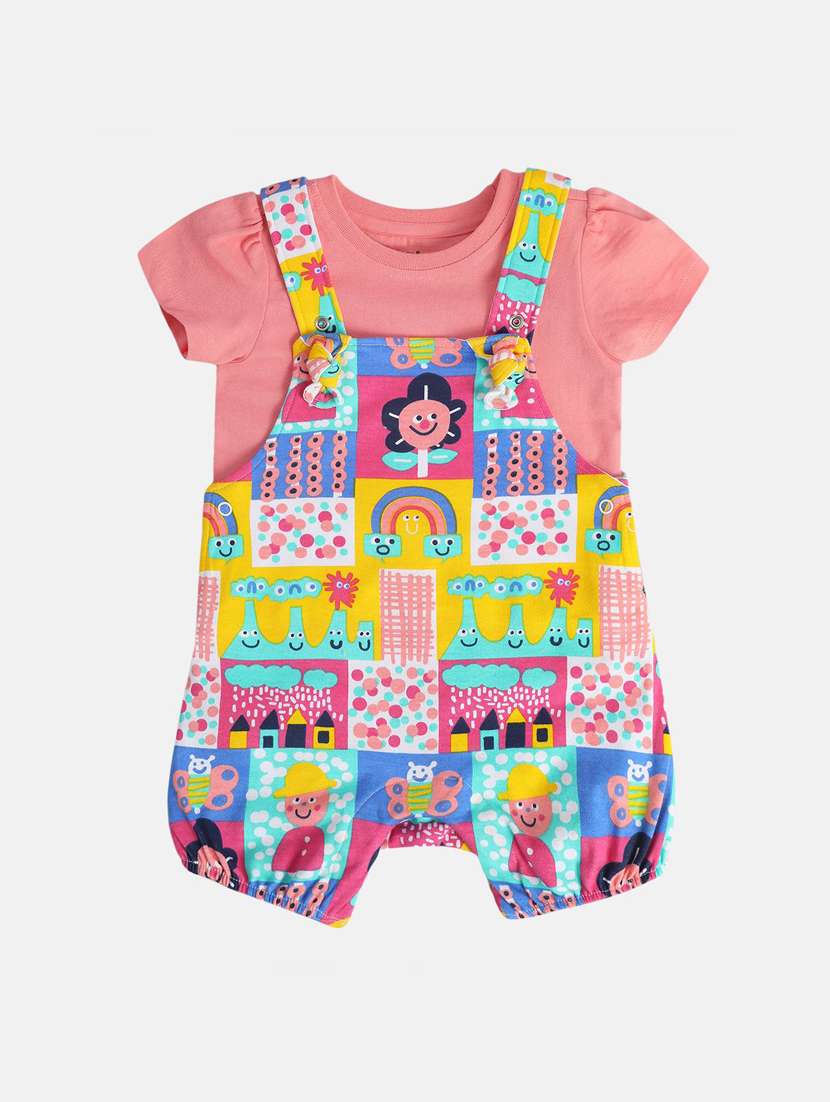 girls printed round neck dungaree set