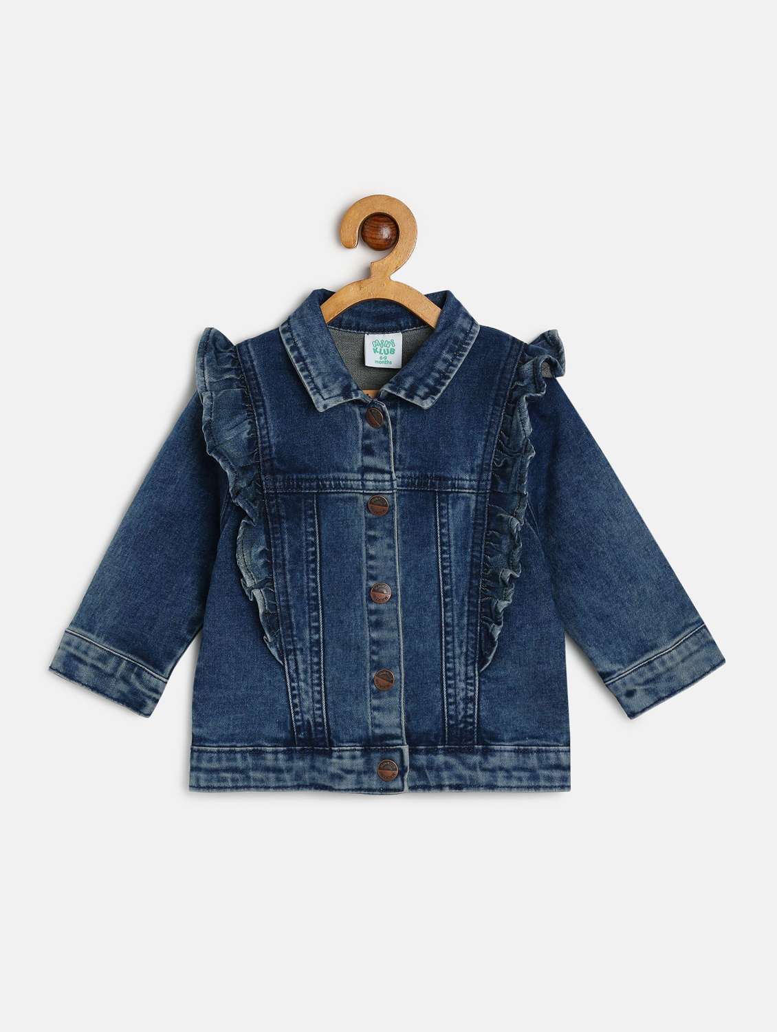 girls solid long sleeve ruffle detailed denim jacket