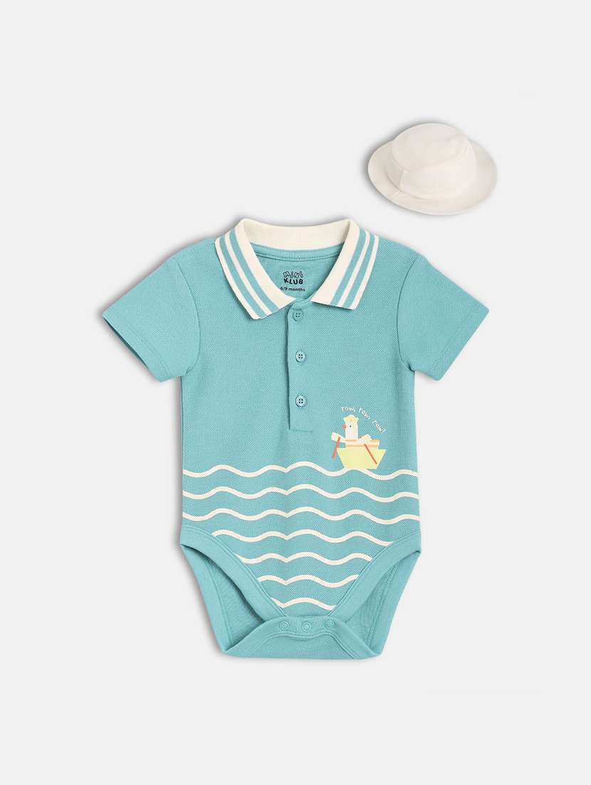 kids printed round neck onesies with cap