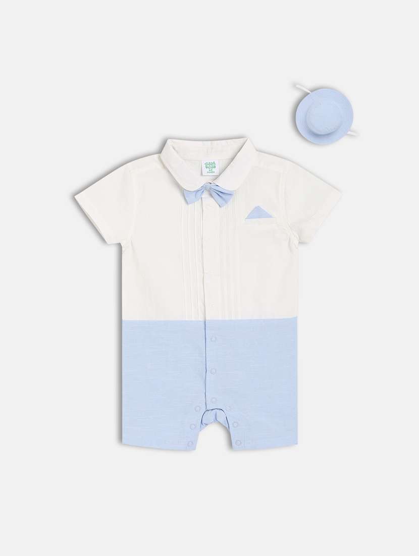 kids color blocked collared romper with cap