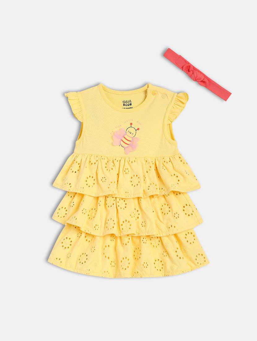 girls self design round neck frock with hairband