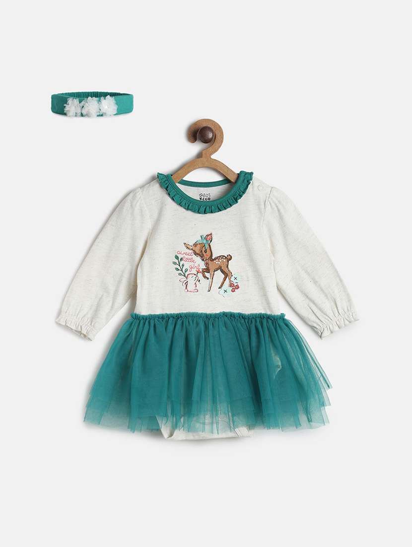 girls printed puff sleeve frock with hairband