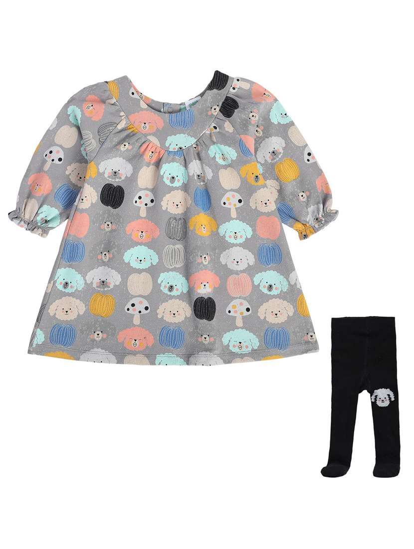 girls printed puff sleeve a-line dress with stockings