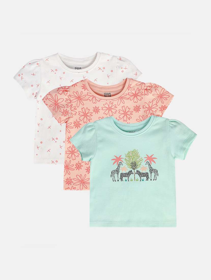 girls pack of 3 printed round neck tee